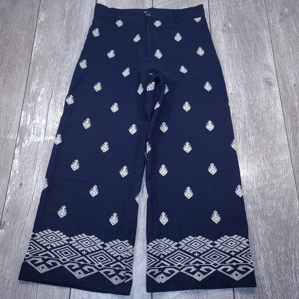 Zara Embroidered Wide Leg Pants Women Size M Navy Blue Boho Cropped Culottes